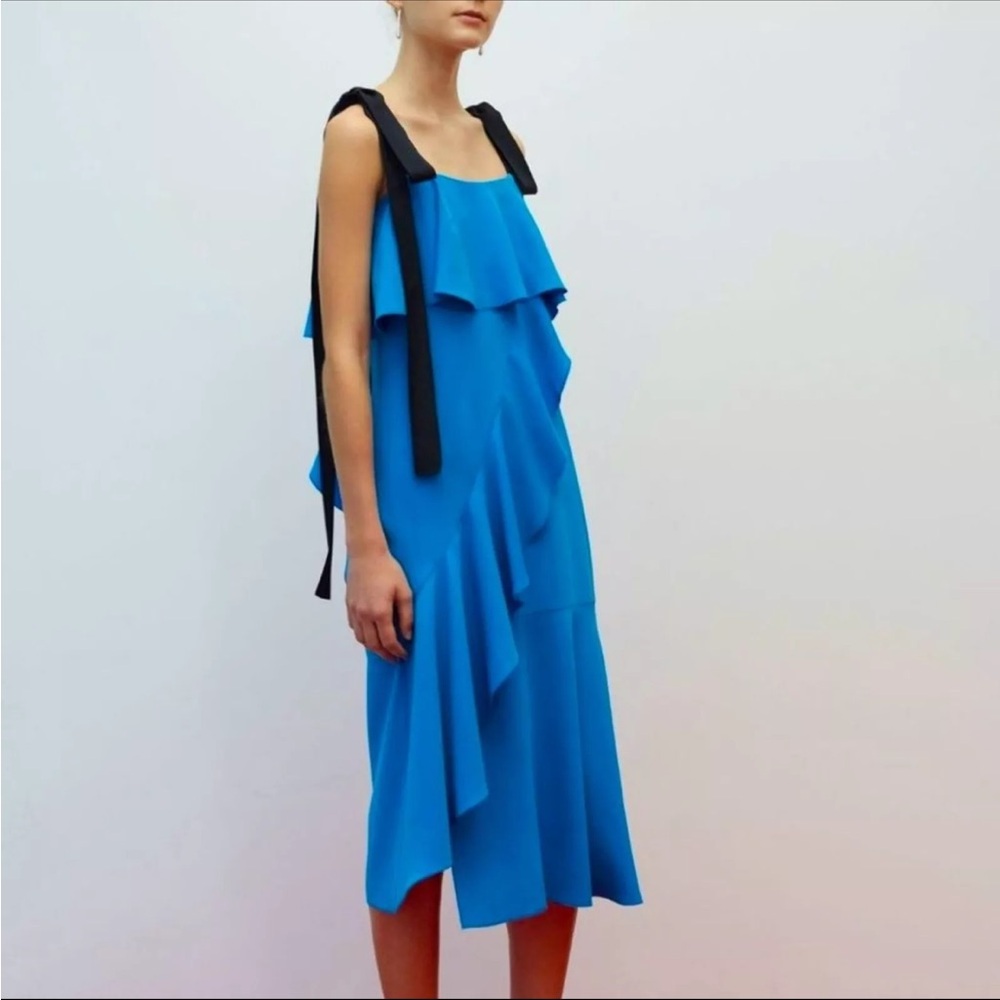 Goen.J Blue Ruffle Dress with Black Tie Straps